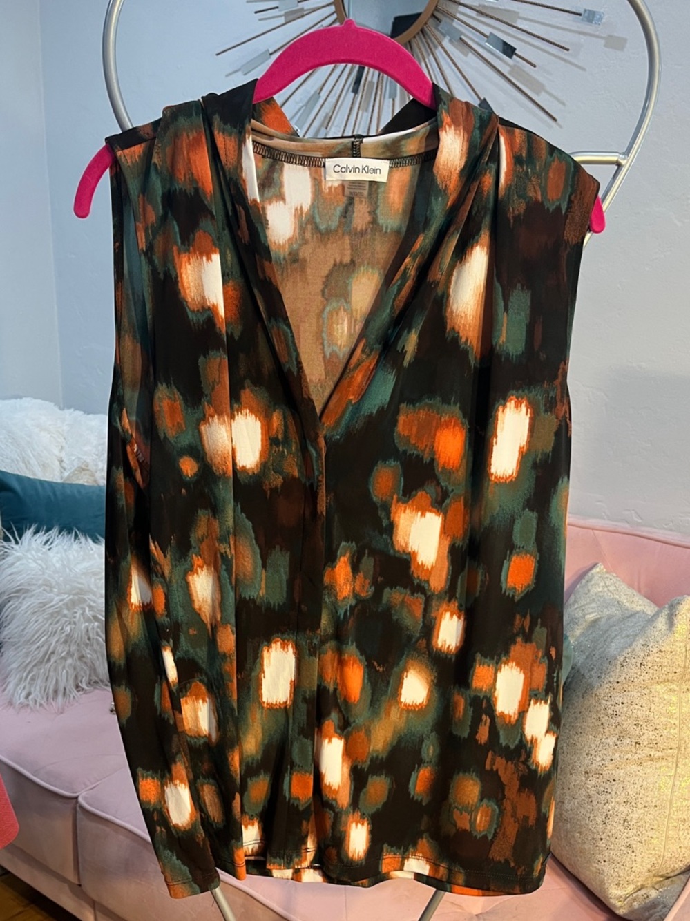 Calvin Klein Abstract Brushstroke Tank Top in Black, Green & Orange